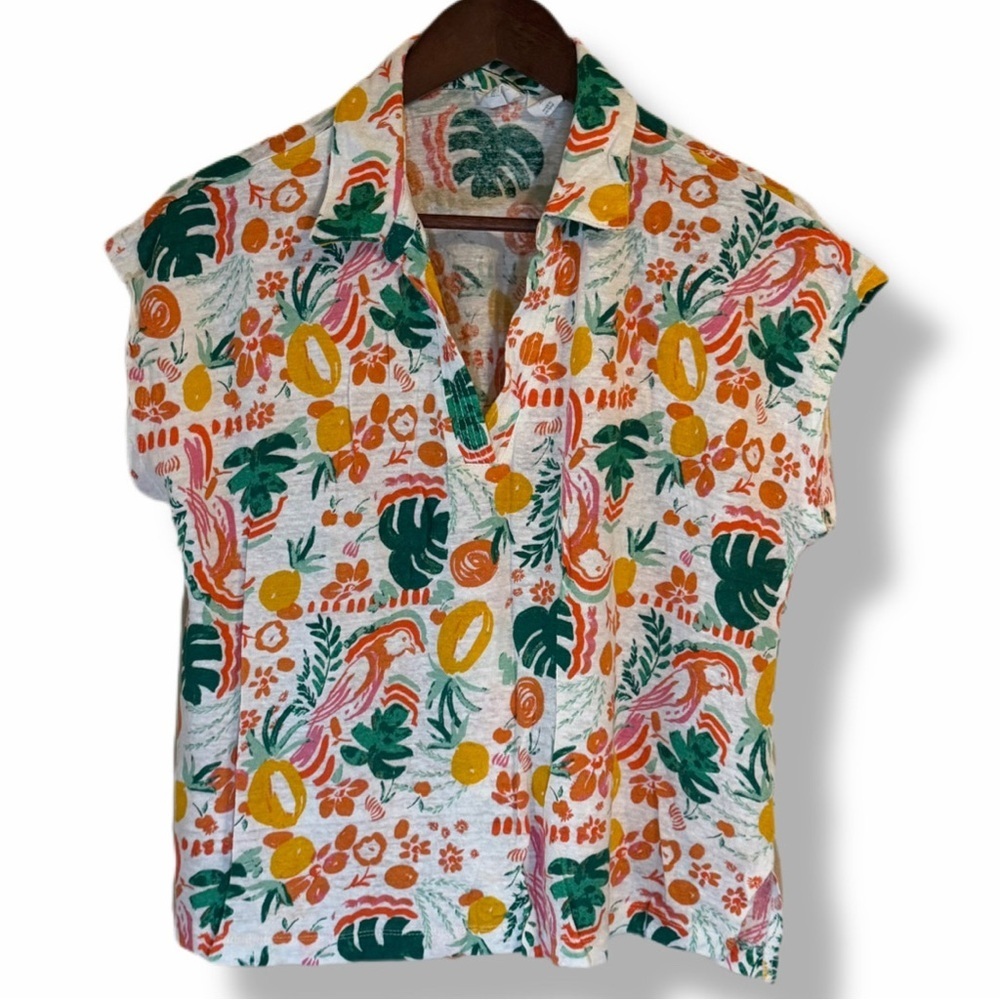 C&C California 100% Linen Tropical Parrot Print Blouse XL Resort Vacation Top